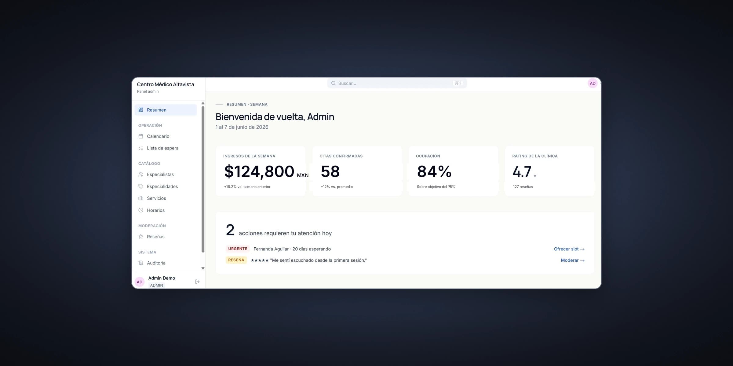 Captura de la plataforma Cliniqos